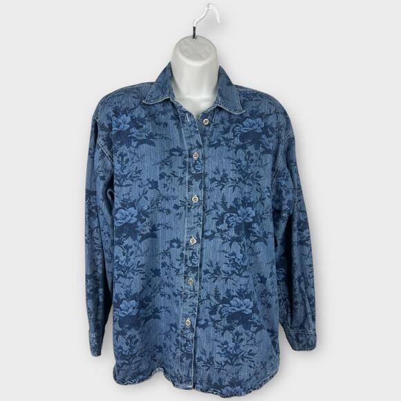 90s Denim Rose Floral Print Button Up Blouse Top Size Small Boho Western Cottage - Picture 1 of 7